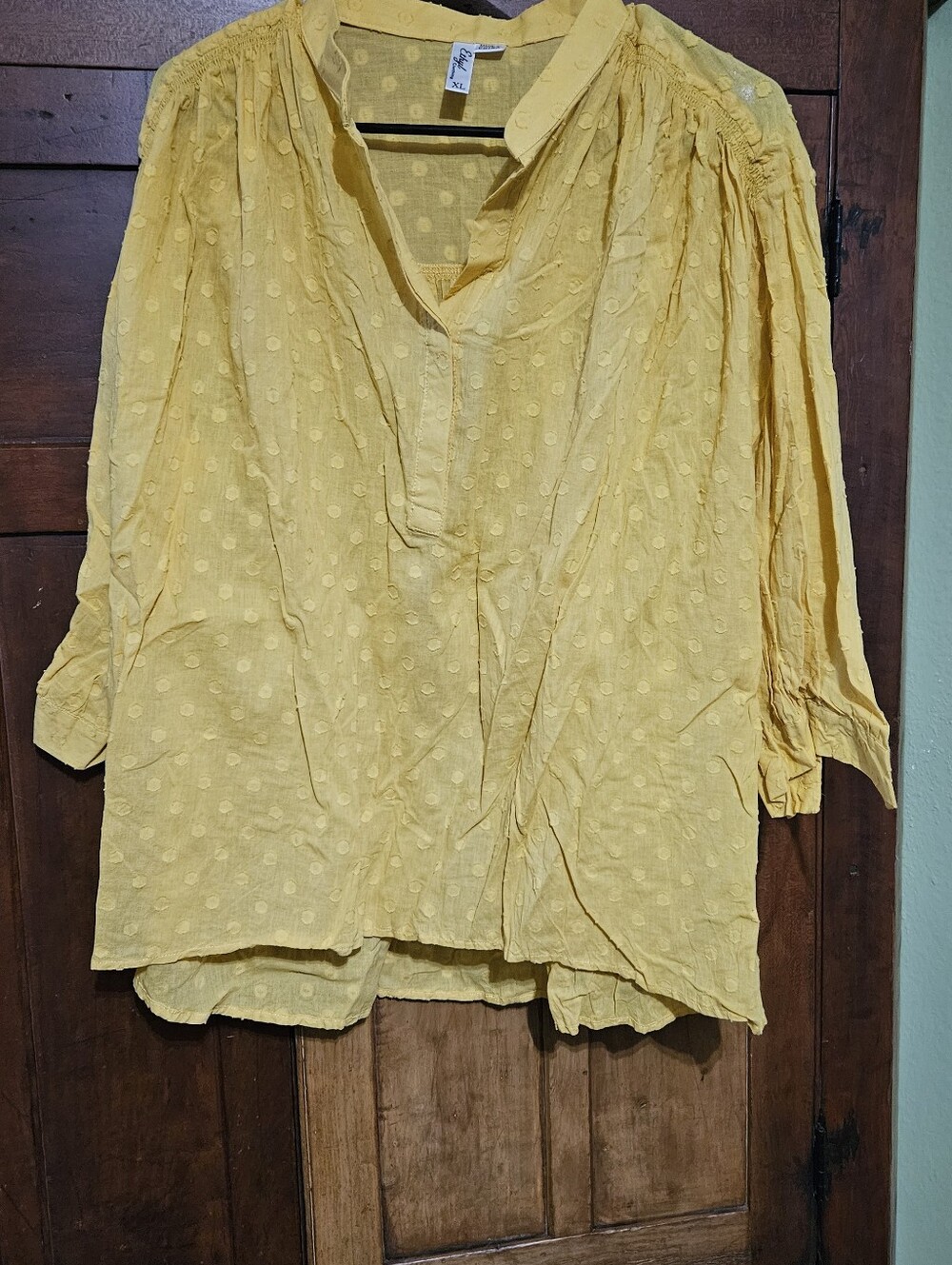 Yellow Swiss Dot V-Neck Peasant Blouse Xl
